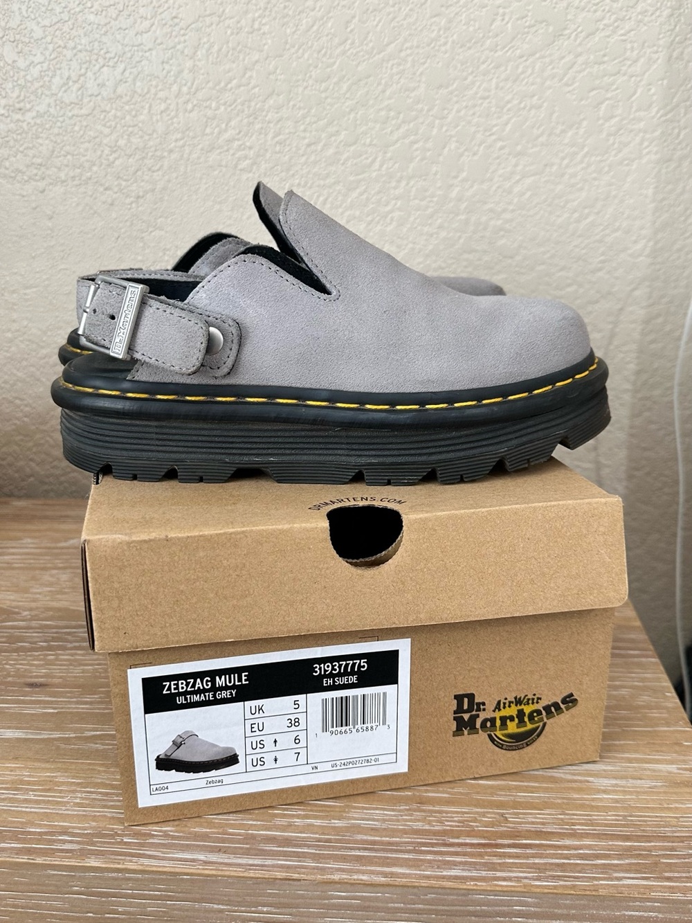 Dr. Martens Grey Suede Slip-On Mule with Yellow Welt Stitching